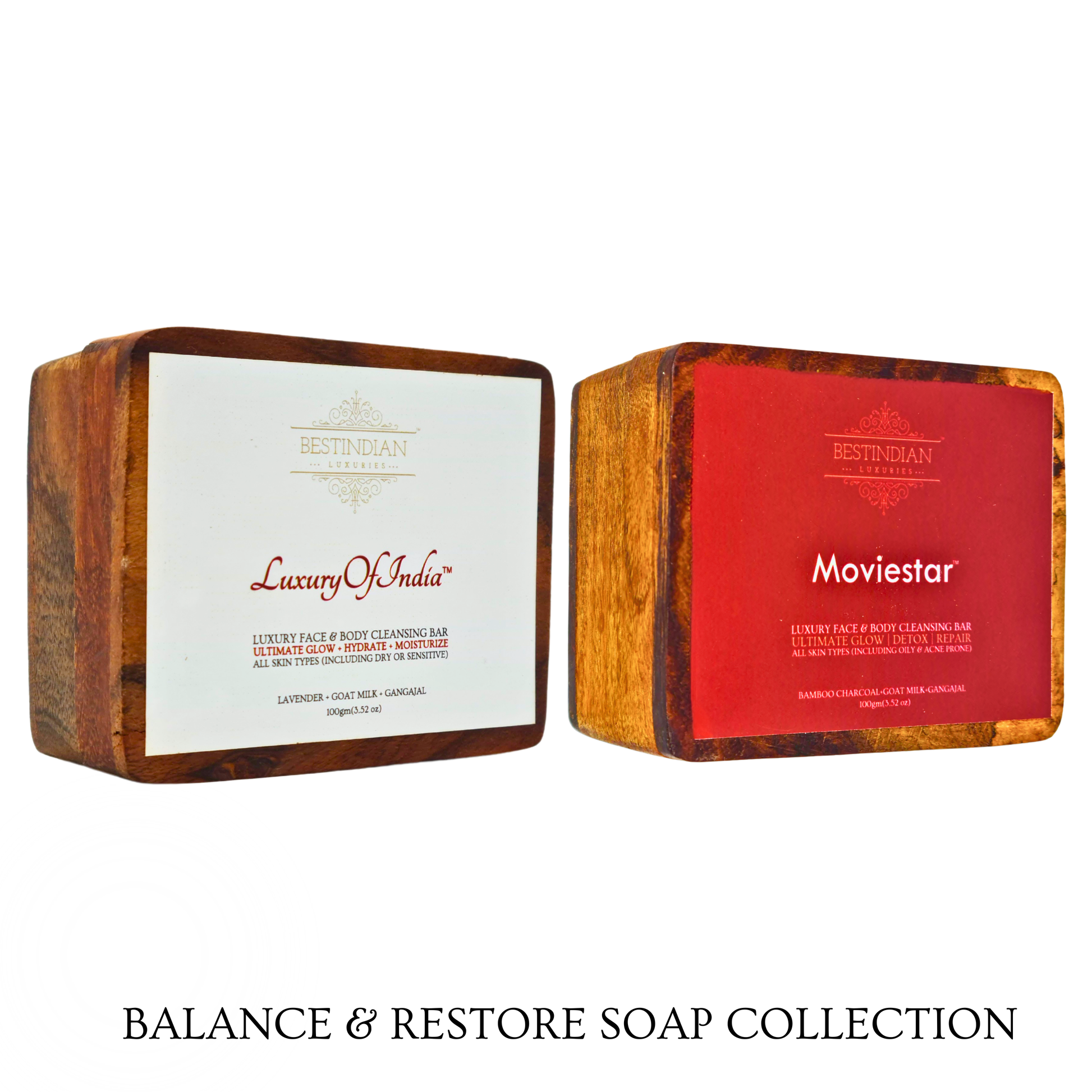 'Balance & Restore' combo pack of two  soaps from BestIndian- 'Luxury of India' and Moviestar, in their respective wooden cases, displayed side-by-side on a white background with a text overlay at the bottom. 