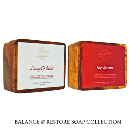 'Balance & Restore' combo pack of two  soaps from BestIndian- 'Luxury of India' and Moviestar, in their respective wooden cases, displayed side-by-side on a white background with a text overlay at the bottom. 