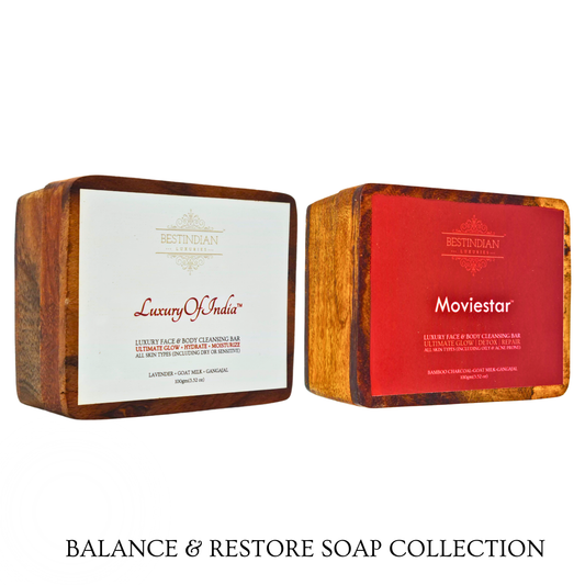 'Balance & Restore' combo pack of two  soaps from BestIndian- 'Luxury of India' and Moviestar, in their respective wooden cases, displayed side-by-side on a white background with a text overlay at the bottom. 