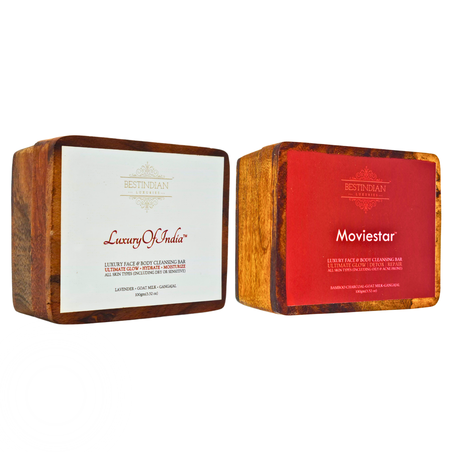 'Balance & Restore' combo pack of two  soaps from BestIndian- Luxury of India Lavender- Goat Milk soap and Moviestar Bamboo charcoal- Goat Milk soap, in their respective wooden cases, displayed side-by-side on a white background.