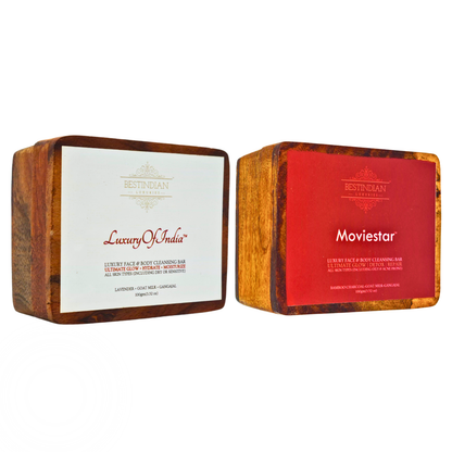 'Balance & Restore' combo pack of two  soaps from BestIndian- Luxury of India Lavender- Goat Milk soap and Moviestar Bamboo charcoal- Goat Milk soap, in their respective wooden cases, displayed side-by-side on a white background.