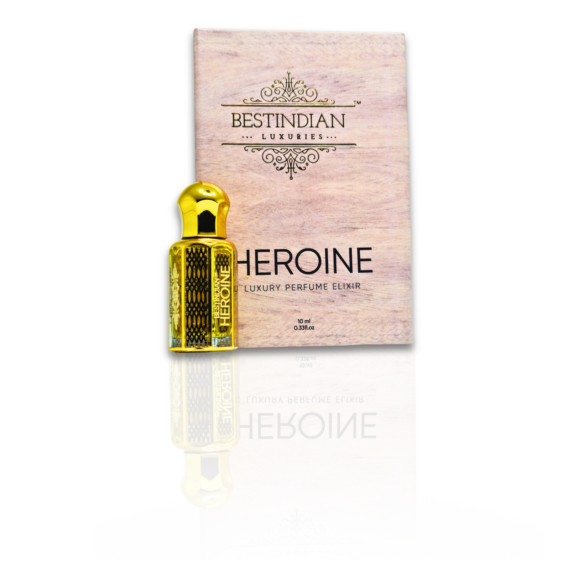 Luxurious BestIndian™ Heroine Perfume Elixir bottle and external packaging on a reflective surface.

