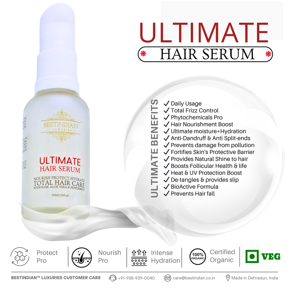 Infographic revealing the ultimate benefits of the Best Indian hair serum for daily usage and total frizz control.