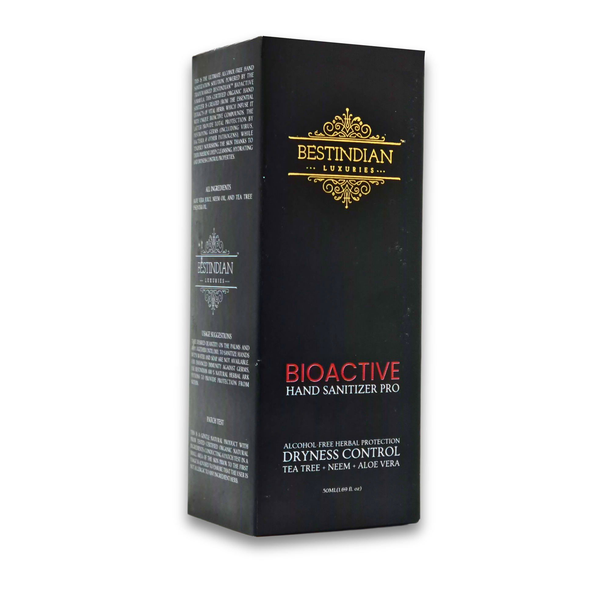 Best Indian Hand Sanitizer BestIndian Conscious Archive Sale Item. A side view of the premium black box for BioActive Hand Sanitizer Pro by BestIndian, highlighting the dryness control formula and luxury studio care branding for herbal, alcohol-free hand sanitization.