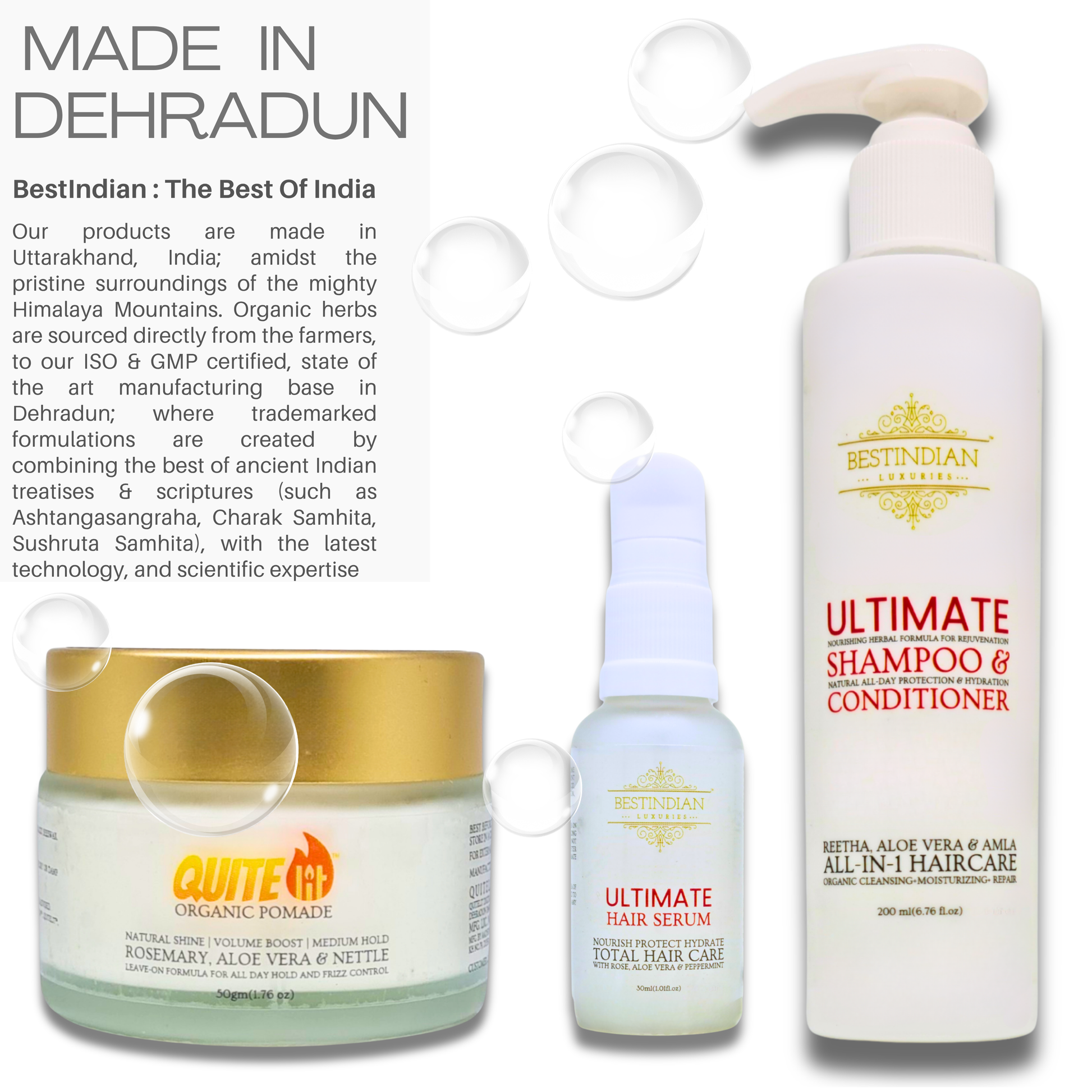 Three hair care products from Bestindian ( shampoo, serum and pomade) with text about their origin in Dehradun, India.