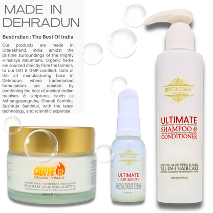 Three hair care products from Bestindian ( shampoo, serum and pomade) with text about their origin in Dehradun, India.
