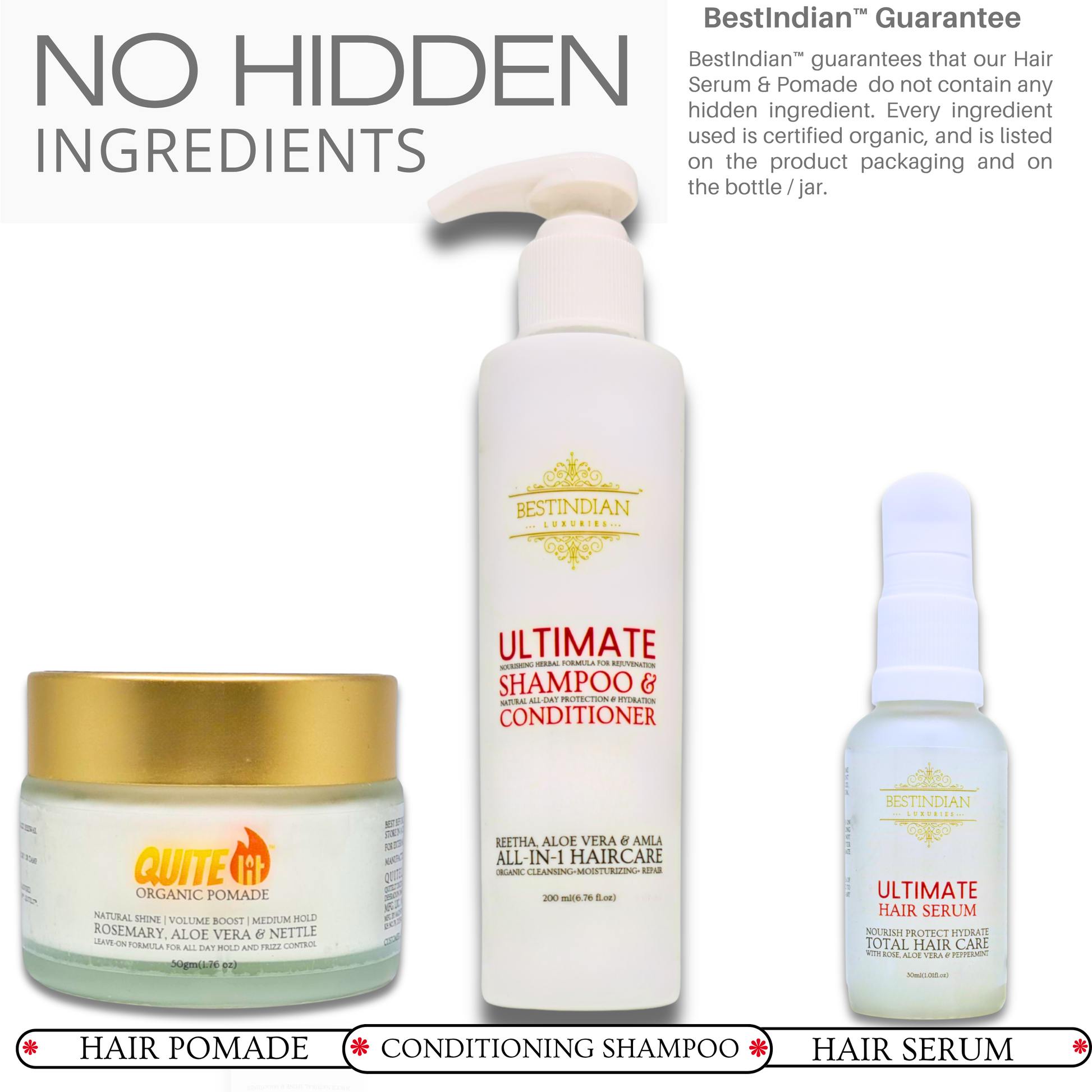 Hair care product set including pomade, shampoo & conditioner, and hair serum with text declaring 'no hidden ingredients', on a white background.