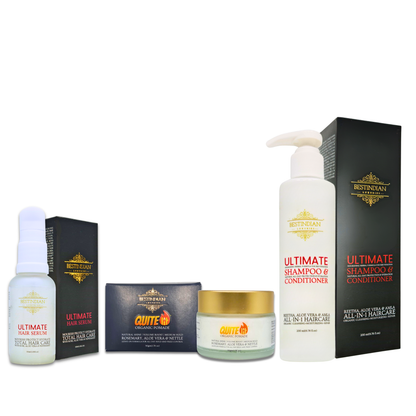 BestIndian Men's Grooming Kit with Ultimate Shampoo, Hair Serum, and QuiteLit Organic Pomade - collection of hair care products, on a white background