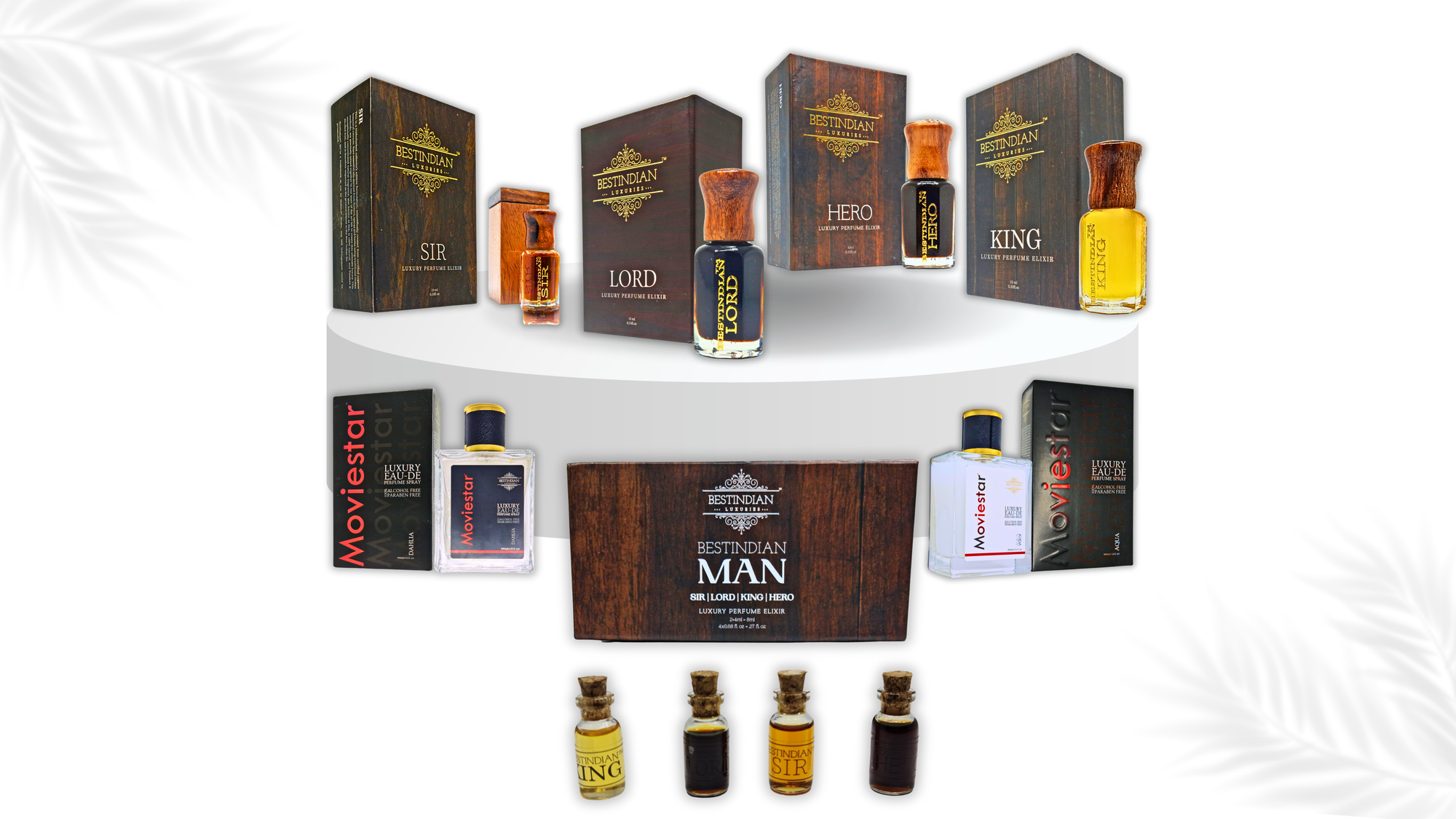 Collection of best Indian natural perfume oils, cologne bottles and boxes on a white background