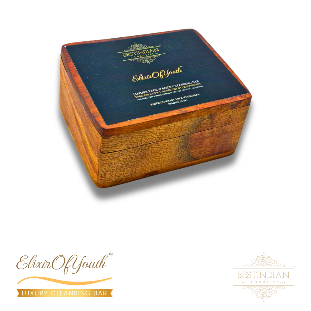 Elixir of Youth - a Best Indian soap, seen in its outer packaging which is in the form of a wooden gift case.