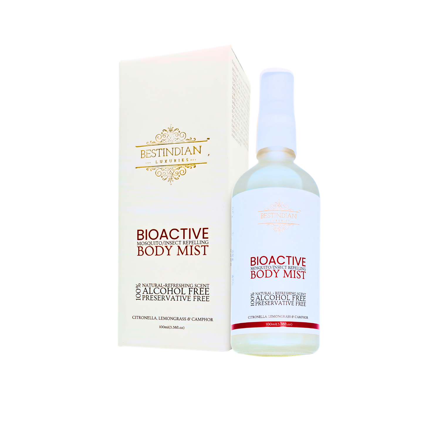 A product image featuring the bottle and packaging of BestIndian™ BioActive Body Mist, highlighting its natural, alcohol-free, and preservative-free formula with citronella, lemongrass, and camphor, designed as a premium mosquito and insect repellent body mist.