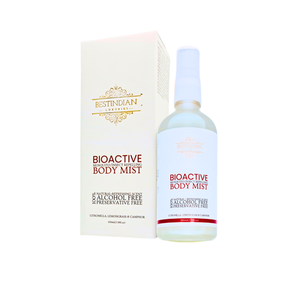 A product image featuring the bottle and packaging of BestIndian™ BioActive Body Mist, highlighting its natural, alcohol-free, and preservative-free formula with citronella, lemongrass, and camphor, designed as a premium mosquito and insect repellent body mist.