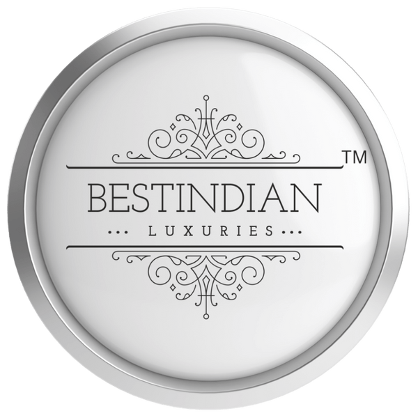Circular logo with 'BESTINDIAN LUXURIES' text and decorative elements on a white background