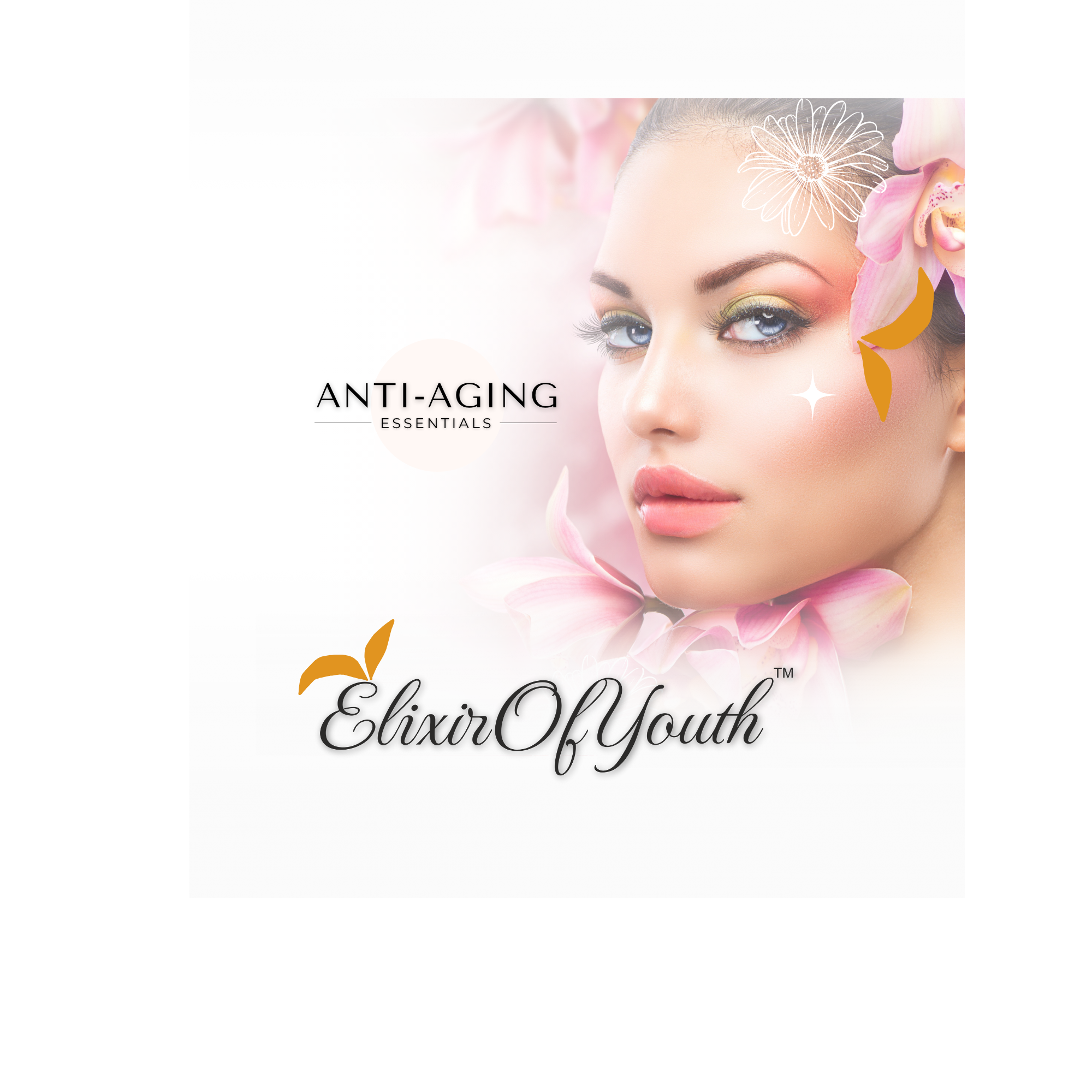 Website home page hero image for Elixir of Youth anti-aging cosmetics with a woman's face and floral elements.