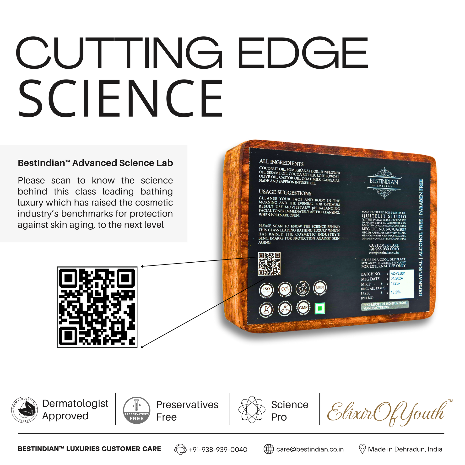 Reverse side of the outer wooden case packaging of ElixirOfYouth soap seen with information about its ingredients, usage suggestions and a QR code.