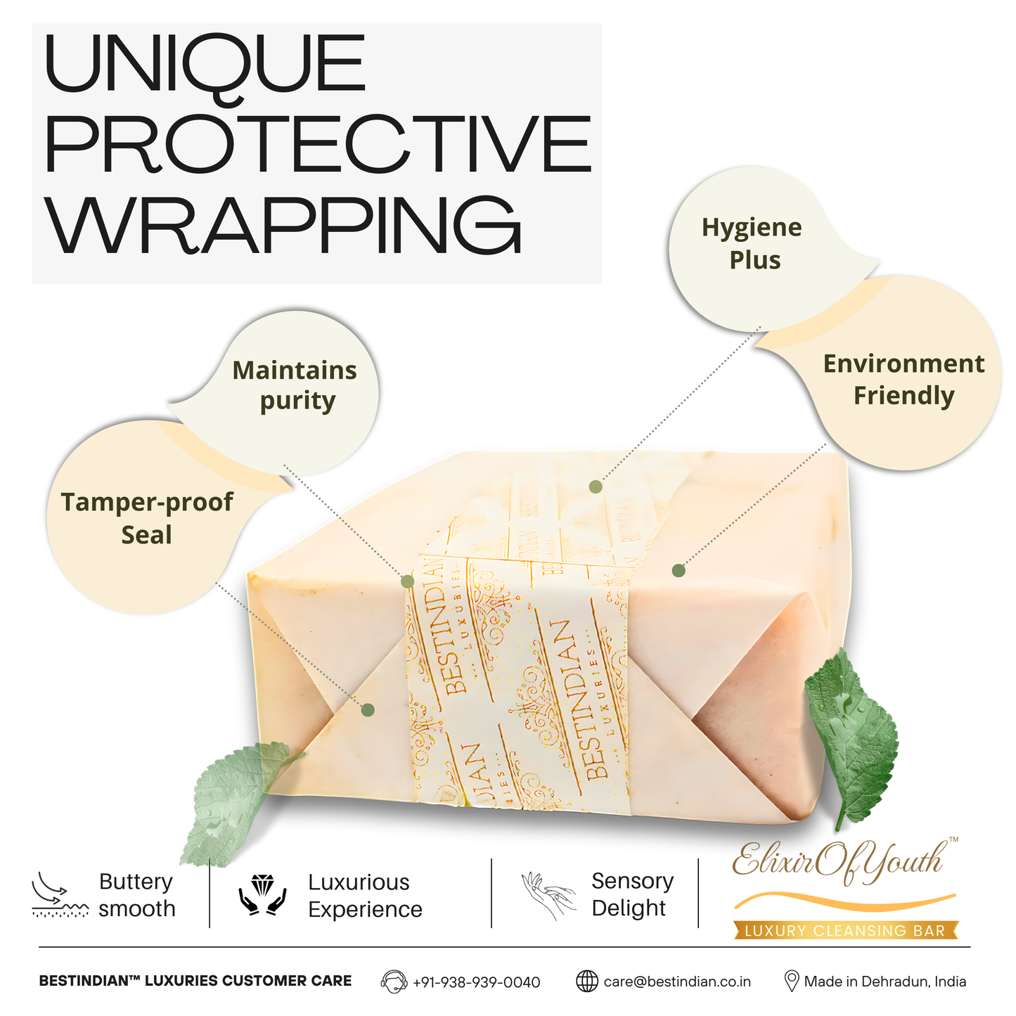 Infographic explaining the tamper-proof seal and other benefits of the unique protective wrapping of Elixir Of Youth soap. 