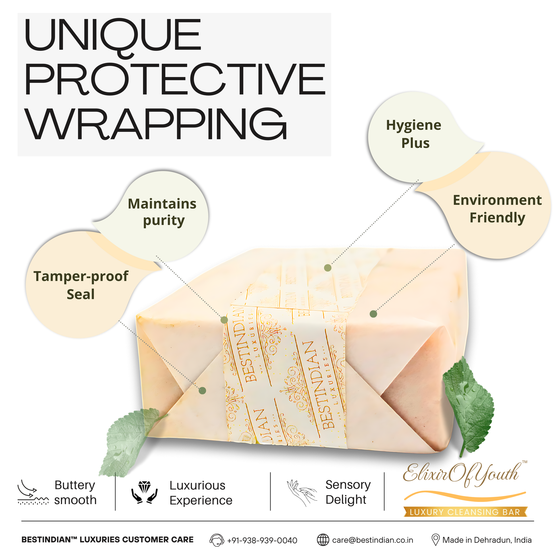 Infographic explaining the tamper-proof seal and other benefits of the unique protective wrapping of Elixir Of Youth soap. 