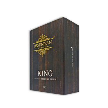 King petrichor luxury perfume elixir - first rain perfume, by Best Indian Perfumes. Wooden look outer product packaging. 100% Natural & Organic