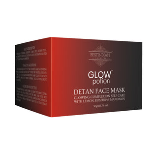 GLOW POTION DETAN AND ANTI-POLLUTION FACE MASK FROM BEST INDIAN BEAUTY CAFRE LUXURIES.Unique 3-in-1 GlowPotion™ De-tan+De-tox+Scar lightening formula of this 100% natural and paraben-free face mask provides unmatched glow while deeply rejuvenating the facial skin. It tightens the skin while making it supple and soft. Reduces Acne, White heads & Black heads. Lemon-Rosehip-Mandarin-Guava Leaf-Jojoba