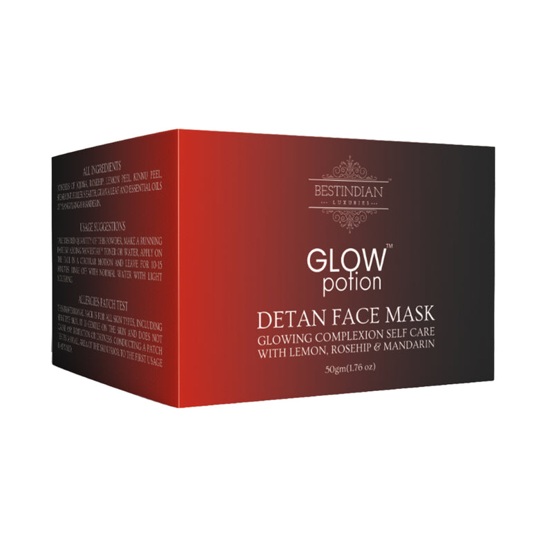 GLOW POTION DETAN AND ANTI-POLLUTION FACE MASK FROM BEST INDIAN BEAUTY CAFRE LUXURIES.Unique 3-in-1 GlowPotion™ De-tan+De-tox+Scar lightening formula of this 100% natural and paraben-free face mask provides unmatched glow while deeply rejuvenating the facial skin. It tightens the skin while making it supple and soft. Reduces Acne, White heads & Black heads. Lemon-Rosehip-Mandarin-Guava Leaf-Jojoba