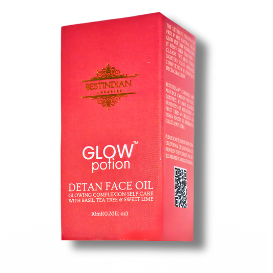 GlowPotion Detan Face Oil BestIndian™ Conscious Archive Sale Item. key ingredients such as Basil, Tea Tree, Sweet-Lime mentioned on it. A side view of the GlowPotion™ De-Tan Face Oil packaging by BestIndian, featuring golden branding and a visible QR code for full product transparency and ingredient traceability.