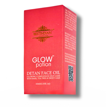 GlowPotion Detan Face Oil BestIndian™ Conscious Archive Sale Item. key ingredients such as Basil, Tea Tree, Sweet-Lime mentioned on it.