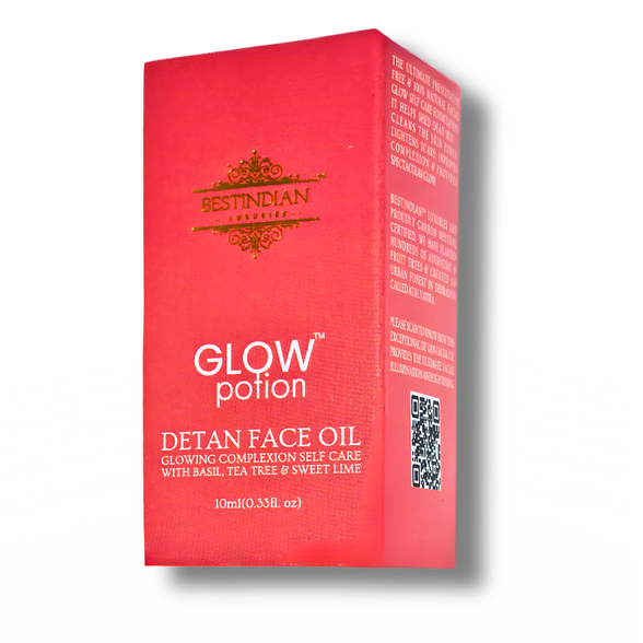 GlowPotion Detan Face Oil BestIndian™ Conscious Archive Sale Item. key ingredients such as Basil, Tea Tree, Sweet-Lime mentioned on it.