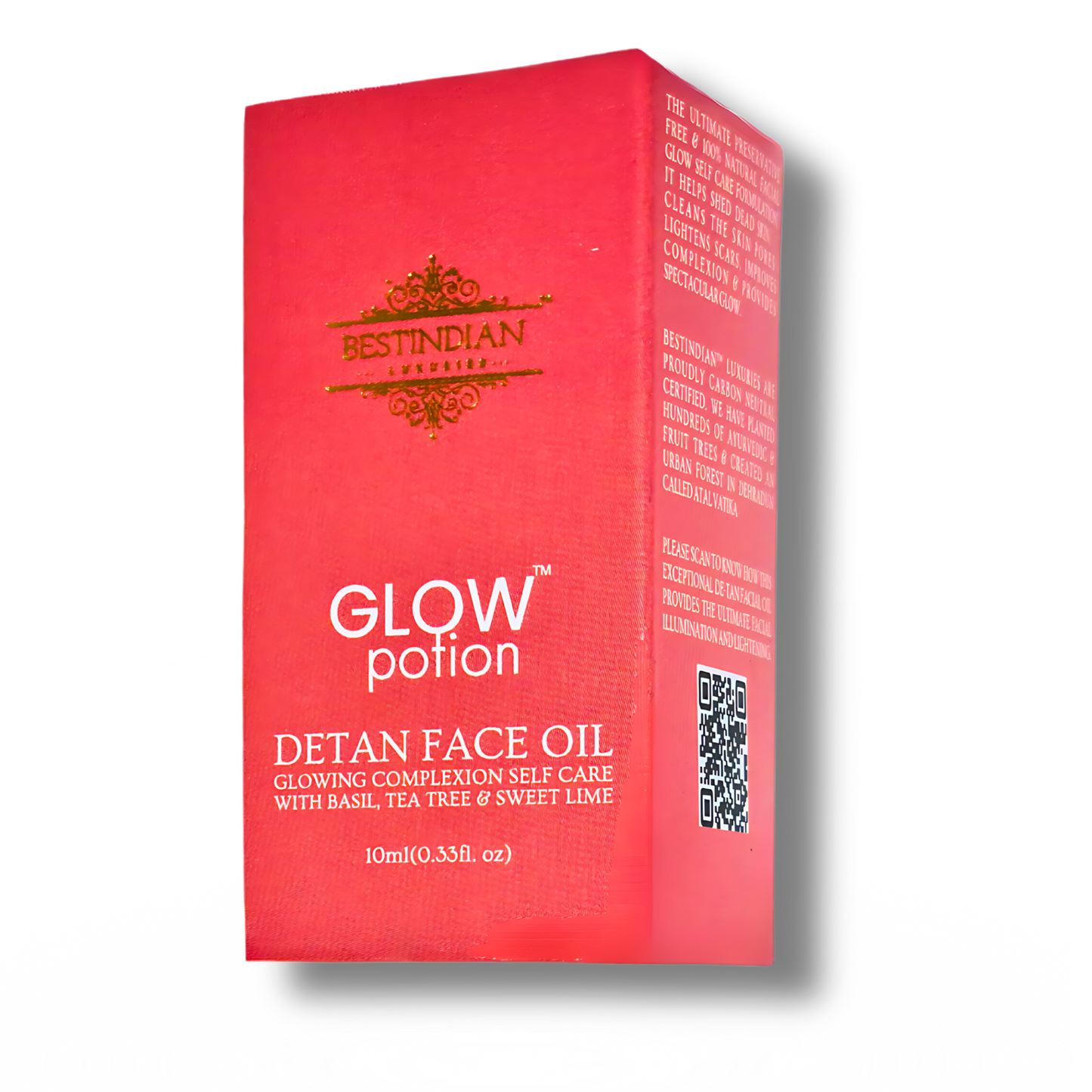 Front view of the GlowPotion™ De-Tan Face Oil packaging by BestIndian, featuring peach coloured branding and a visible QR code for full product transparency and ingredient traceability.