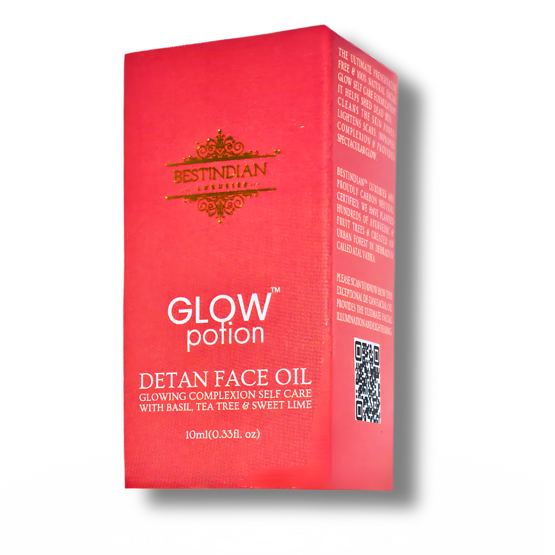 Front view of the GlowPotion™ De-Tan Face Oil packaging by BestIndian, featuring peach coloured branding and a visible QR code for full product transparency and ingredient traceability.