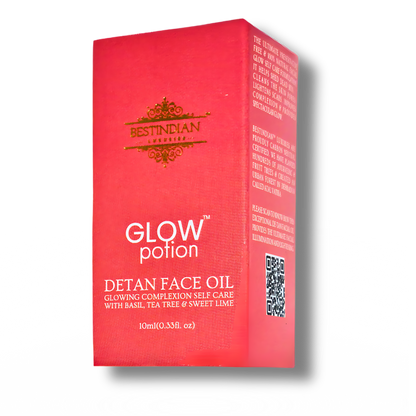 Front view of the GlowPotion™ De-Tan Face Oil packaging by BestIndian, featuring peach coloured branding and a visible QR code for full product transparency and ingredient traceability.