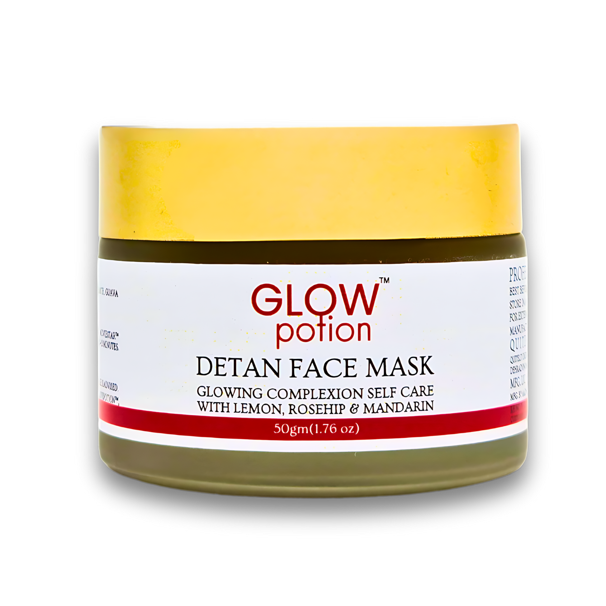 GlowPotion™ De-Tan Face Mask by BestIndian™, luxury skincare jar containing 50gm of glowing complexion self-care treatment with lemon peel, rosehip for scars, and mandarin for skin brightening.