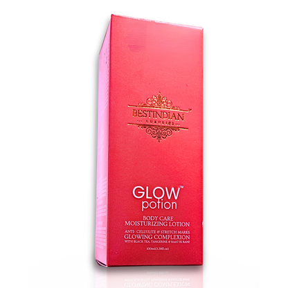 GlowPotion™ Body Lotion by BestIndian™, luxury ayurvedic moisturizer packaging, formulated for glowing complexion, and enriched with black tea, tangerine, and raat ki rani.