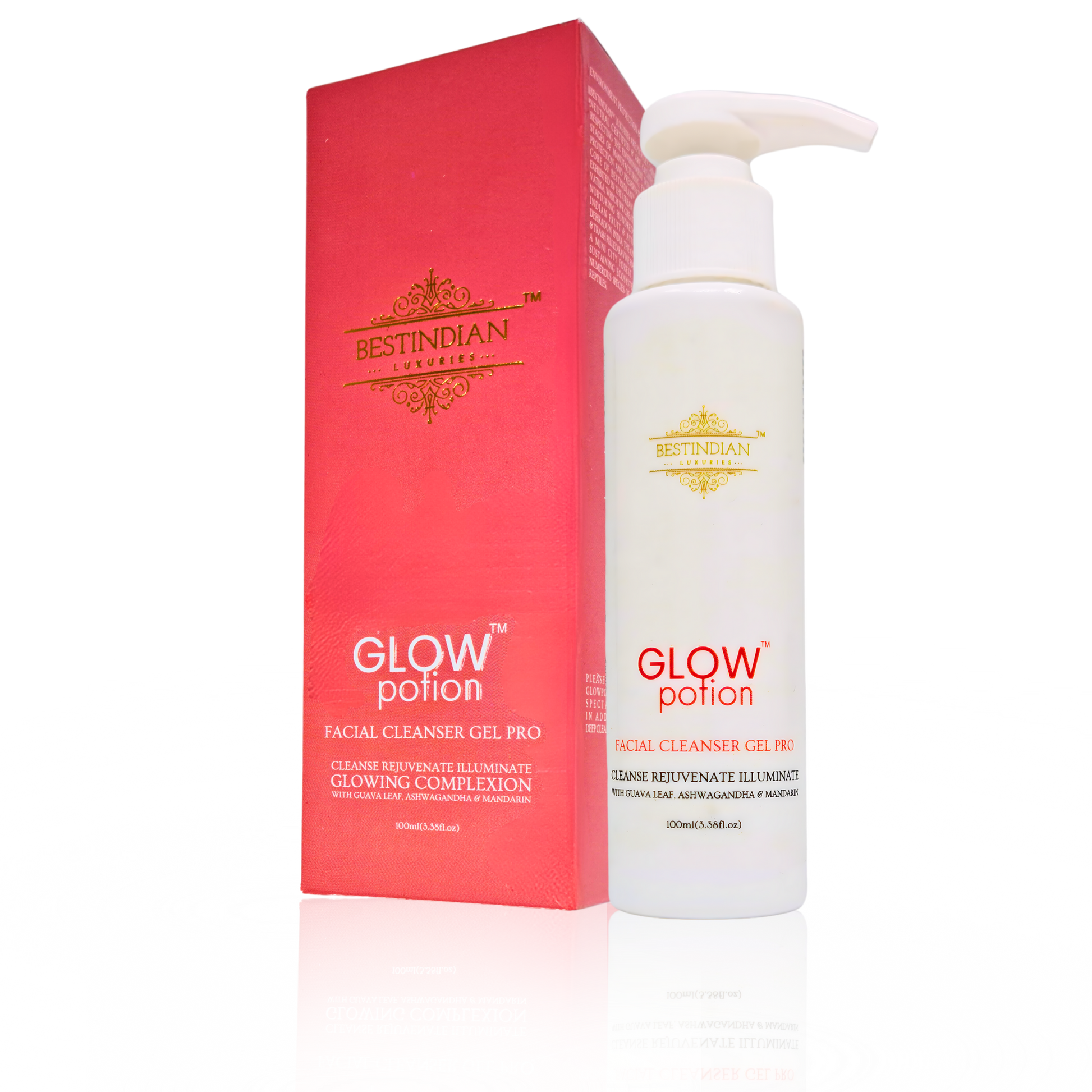 A bottle of GlowPotion™ Facial Cleanser Gel Pro by BestIndian, an ayurvedic, organic gel cleanser for oily, sensitive, or combination skin, enriched with ashwagandha, guava leaf, mandarin, and aloe vera.