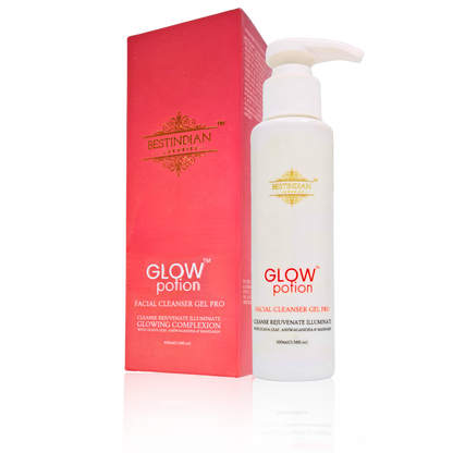 A bottle of GlowPotion™ Facial Cleanser Gel Pro by BestIndian, an ayurvedic, organic gel cleanser for oily, sensitive, or combination skin, enriched with ashwagandha, guava leaf, mandarin, and aloe vera.