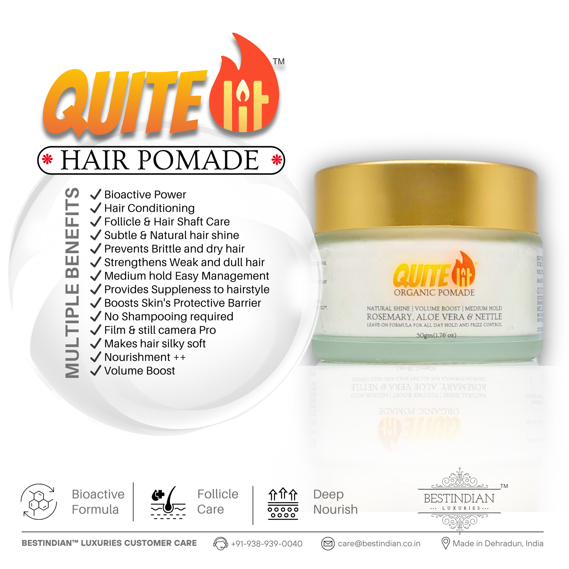 A promotional image of Hair Pomade for men, featuring a jar with a gold lid, listing multiple benefits like bioactive power, hair conditioning, follicle care, and frizz control. The pomade is formulated with organic rosemary, aloe vera, and nettle for medium hold and all-day styling.