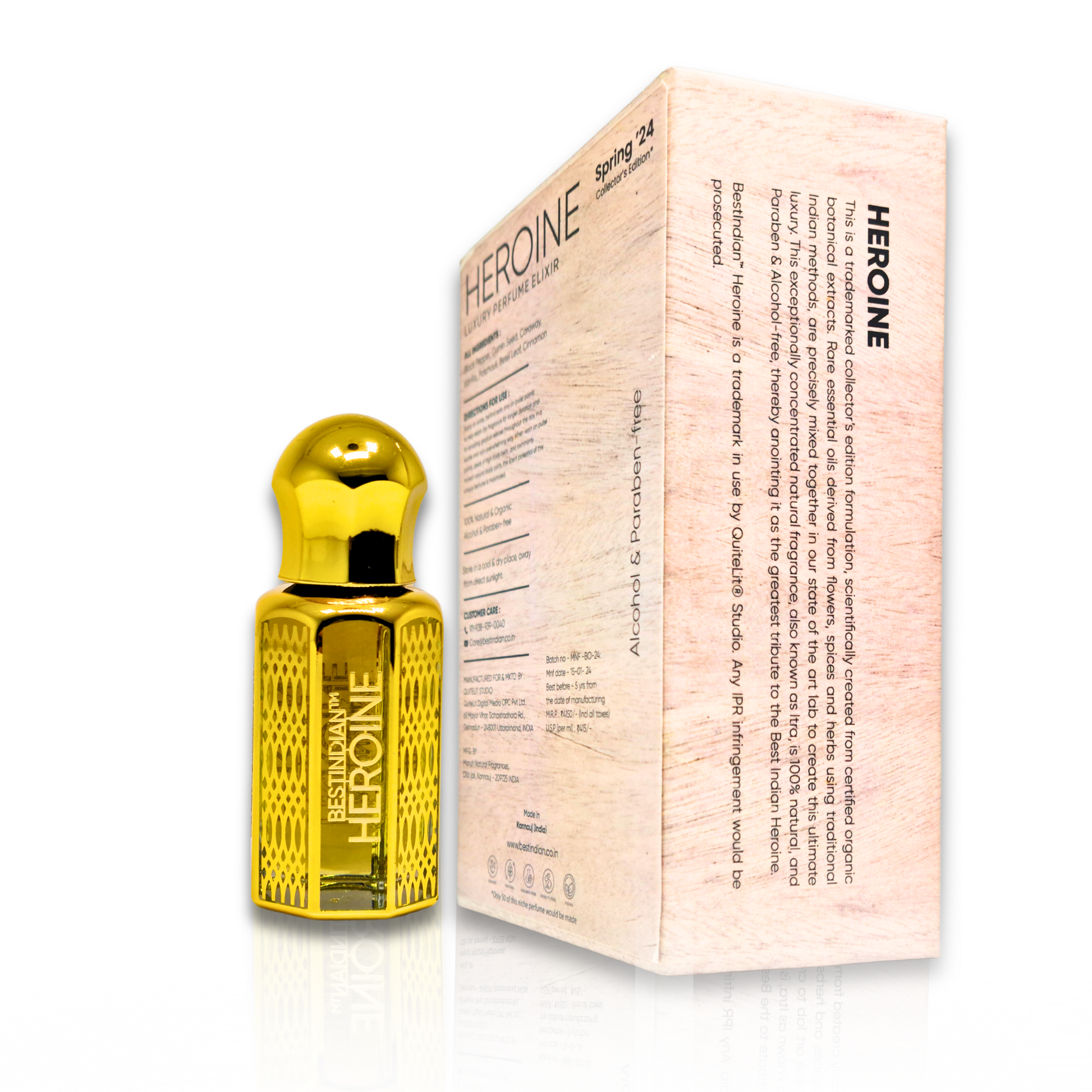 Elegant glass bottle with side view of external packaging of BestIndian™ Attar for ladies called Heroine, a natural Vanilla Tobacco perfume elixir.
