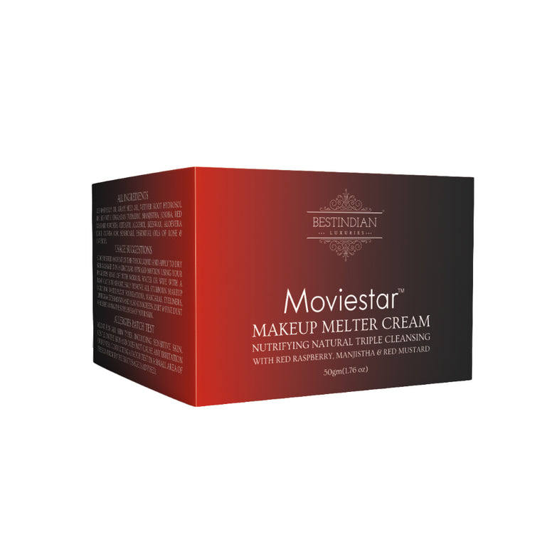 Moviestar™ Makeup Melter Cream | BestIndian™ |Natural, Organic, Herbal  State-of-the-art, triple deep cleansing, pollution and waterproof makeup remover cream instantly dissolves into the skin & prevents clogged pores. It melts trapped pollutants without stripping the skin’s moisture to keep it glowing & camera ready. Raspberry, Manjishtha, Mustard |Synthetic Chemicals Free