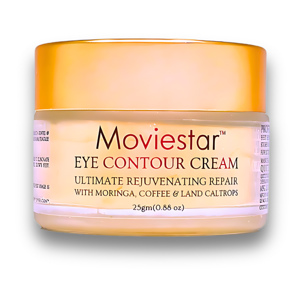 Moviestar Eye Contour Cream-BestIndian™ Conscious Archive Sale Item. A close-up of the Moviestar™ Eye Contour Cream jar by BestIndian, an ultimate rejuvenating repair formula with moringa, coffee, and land caltrops for under eye dark circles, fine lines, and puffy eyes.