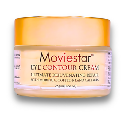 A close-up of the Moviestar™ Eye Contour Cream jar by BestIndian, an ultimate rejuvenating repair formula with moringa, coffee, and land caltrops for under eye dark circles, fine lines, and puffy eyes.