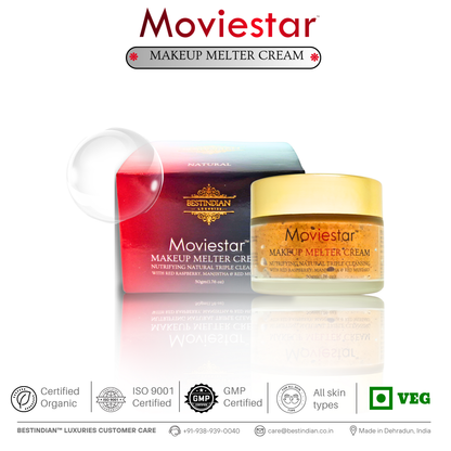 Packaging and jar of Moviestar™ Makeup Melter Cream -a natural and gentle cleanser for radiant skin.