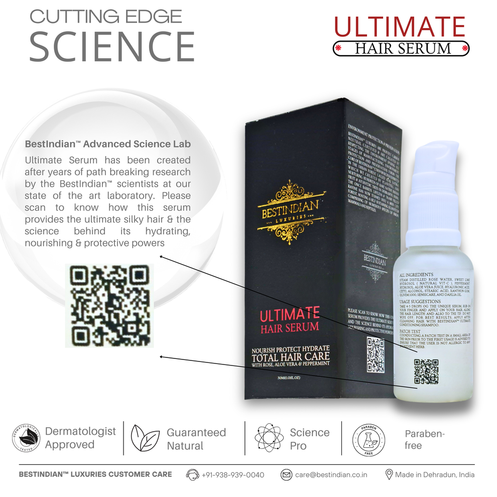 Infographic for Ultimate hair serum by BestIndian with logos of natural, paraben-free, and dermatologist approved. 