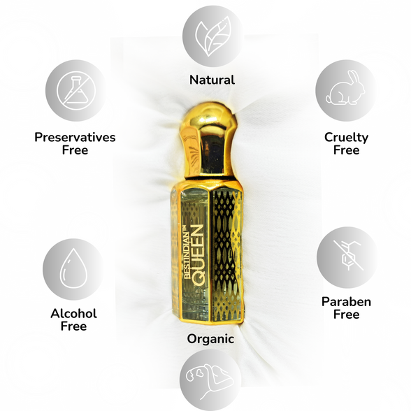 Intricate glass vial of BestIndian™ Queen, an Oud, Rose & Sandalwood Perfume Oil for women. 100% natural, alcohol-free, Paraben-free, Organic, Cruelty-free, Preservatives-free