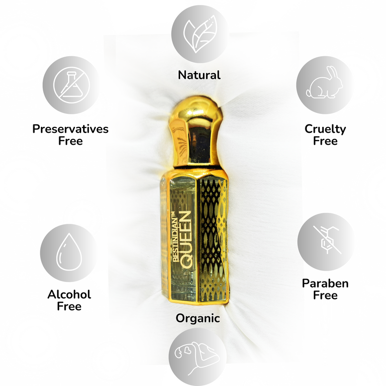 Intricate glass vial of BestIndian™ Queen, an Oud, Rose & Sandalwood Perfume Oil for women. 100% natural, alcohol-free, Paraben-free, Organic, Cruelty-free, Preservatives-free
