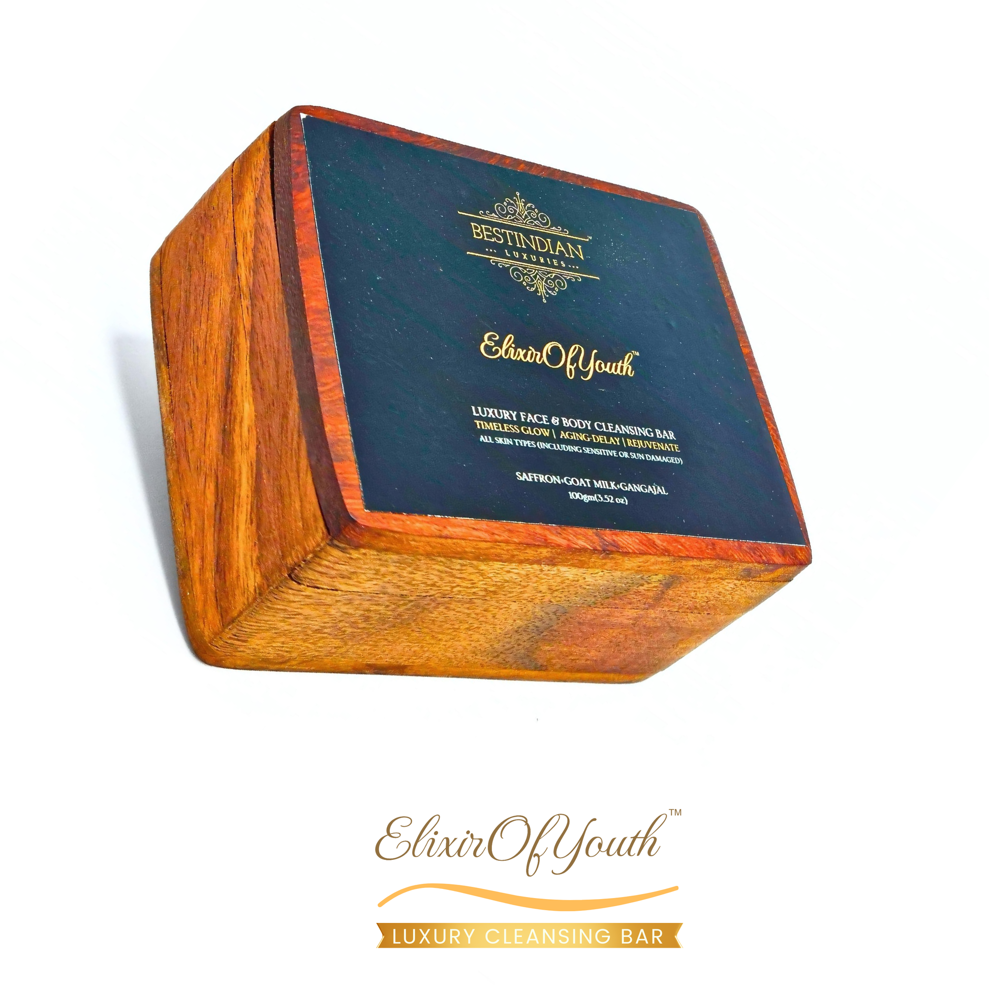 Outer wooden case packaging of ElixirOfYouth™ Anti-Aging Goat Milk Soap  by BestIndian™