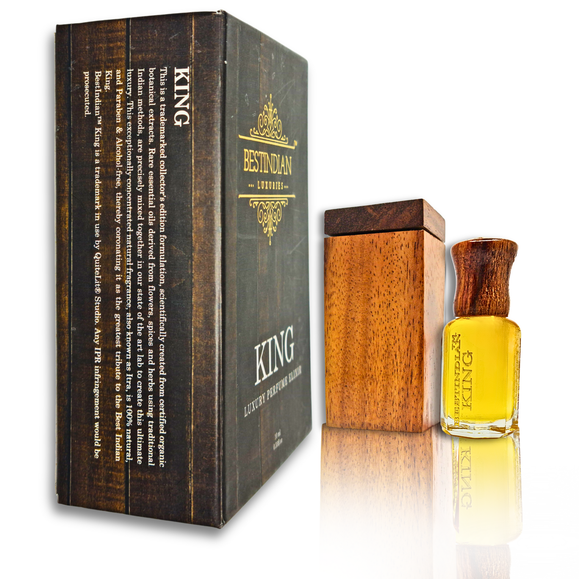 Perfume of the first rain- King  by BestIndian™ Petrichor attar elixir vial (wooden cap) with its handcrafted wooden case and dark wood-themed outer box, placed on reflective surface.
