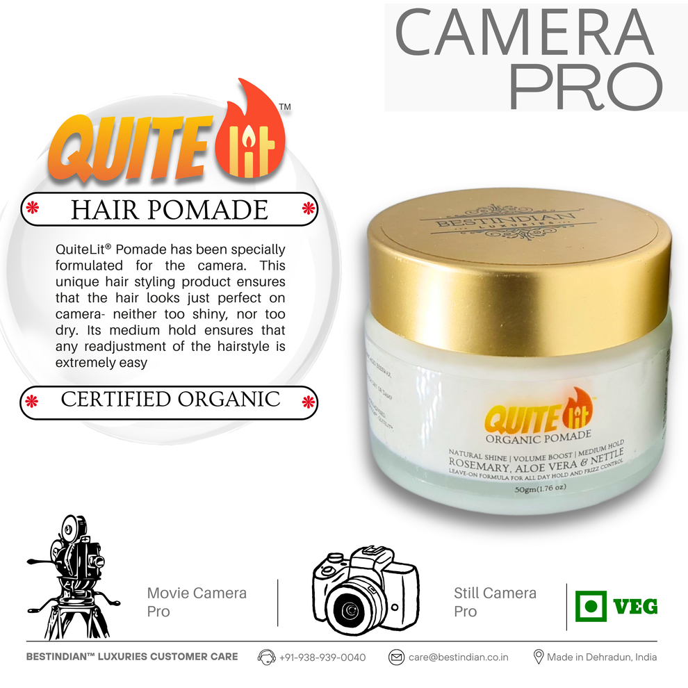 QuiteLit® Natural Hair Pomade jar, ideal for 'Camera Pro' perfect on-camera styling with medium hold, versatile finish & organic rosemary, aloe, nettle.