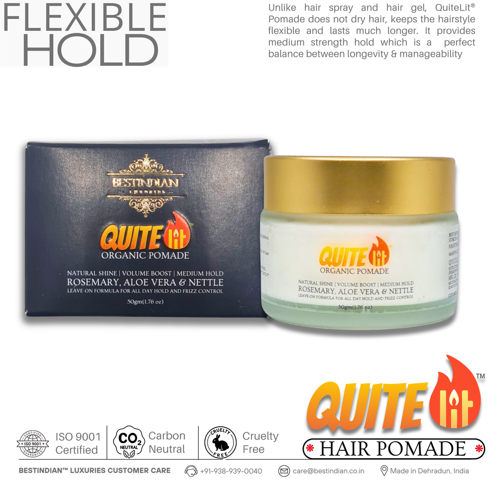 Infographic for QuiteLit® Hair Pomade (jar & box) highlighting its non-drying, flexible medium hold with organic aloe vera & nettle for lasting styles.