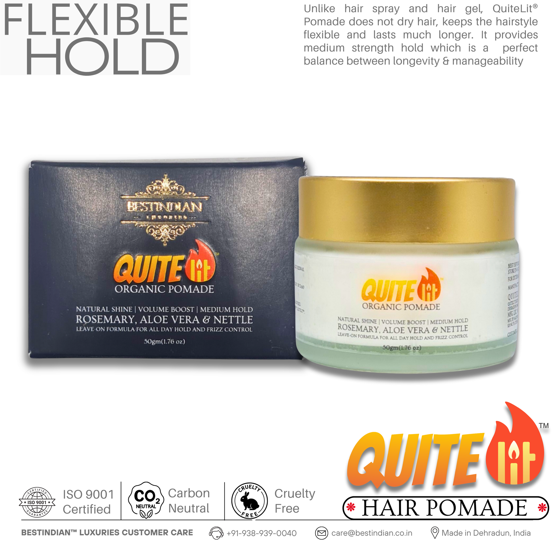 Infographic for QuiteLit® Hair Pomade (jar & box) highlighting its non-drying, flexible medium hold with organic aloe vera & nettle for lasting styles.