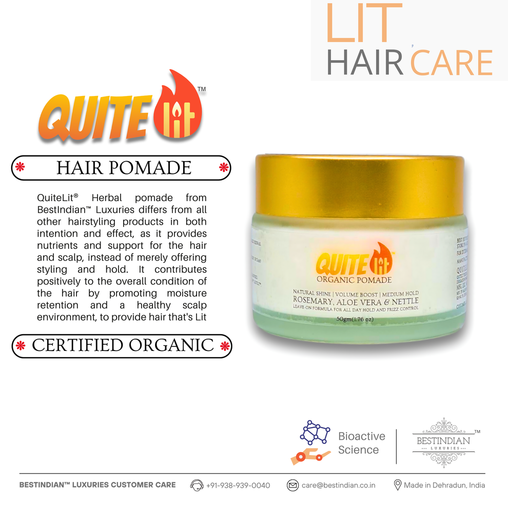 A QuiteLit Hair Pomade infographic showcasing a jar, emphasizing its herbal formula from Bestindian. The text highlights its organic ingredients for moisture retention, scalp health, and overall hair conditioning, certified as bioactive science.