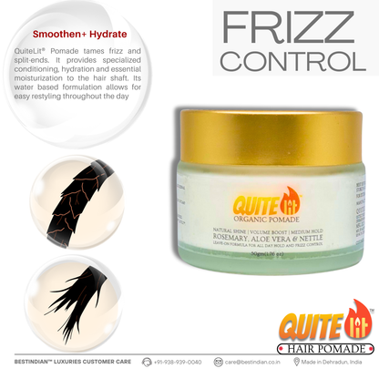 A QuiteLit Hair Pomade graphic with a jar, focusing on frizz control and hydration. The text notes its water-based formula tames split ends, provides moisture, and allows easy restyling, featuring organic rosemary, aloe vera, and nettle for all-day hold.
